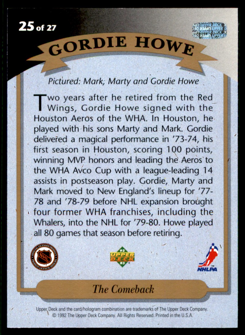 1992-93 Upper Deck Hockey Heroes Gordie Howe Gordie Howe/Mark Howe/Marty Howe #25 card back image