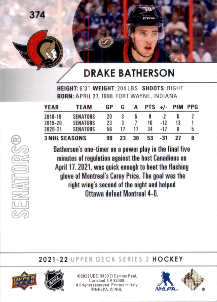 2021-22 Upper Deck #374 Drake Batherson Ottawa Senators NHL,  in 2023
