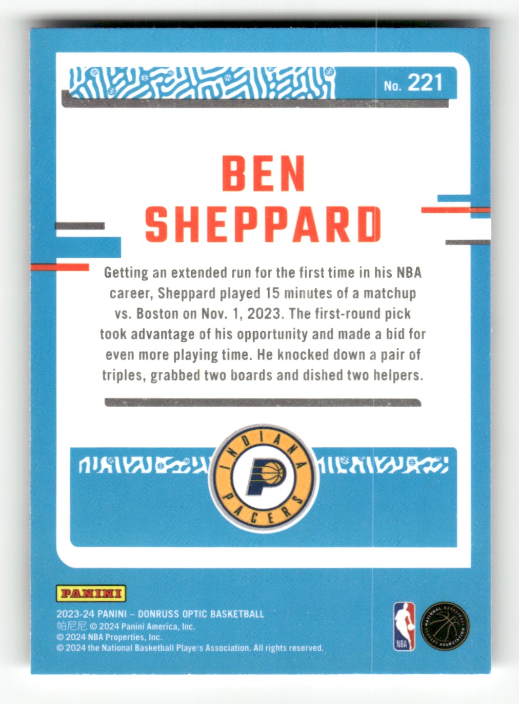 2023-24 Donruss Optic Ben Sheppard #221 card back image