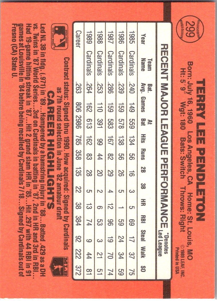 1990 Donruss Terry Pendleton #299 card back image