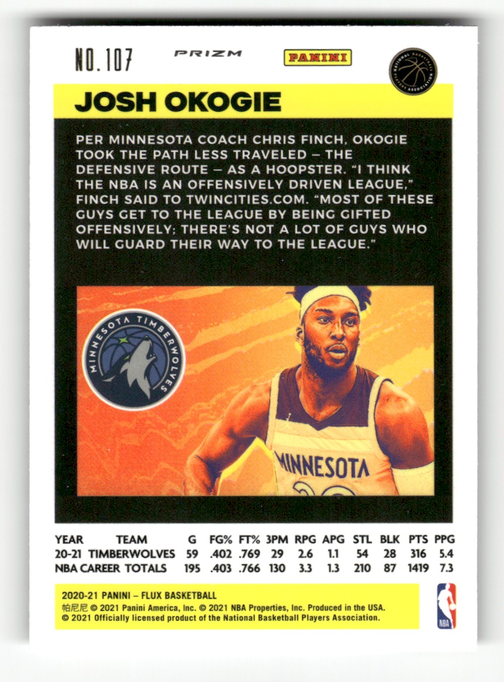 2020-21 Panini Flux Pulsar Josh Okogie #107 card back image