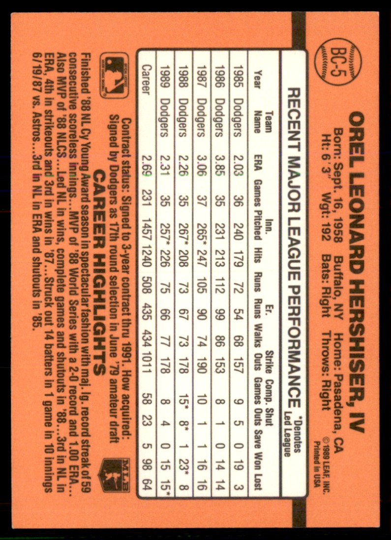 1990 Donruss Orel Hershiser #BC-5 card back image