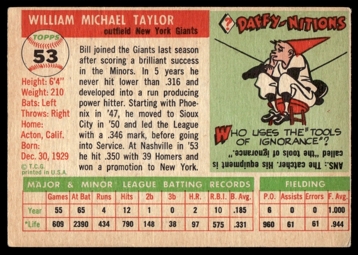 1955 Topps Bill Taylor #53 card back image
