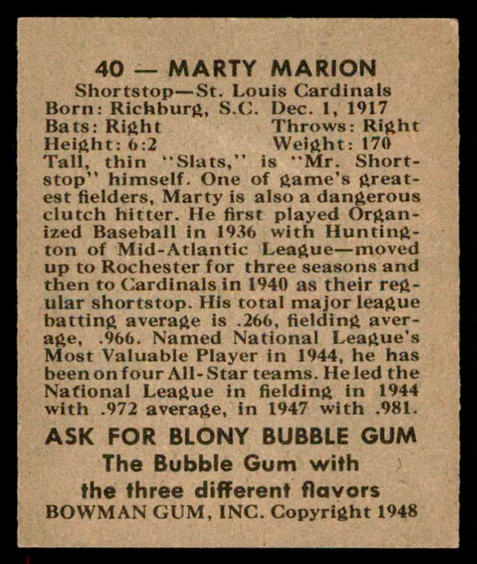 1948 Bowman Marty Marion #40 card back image