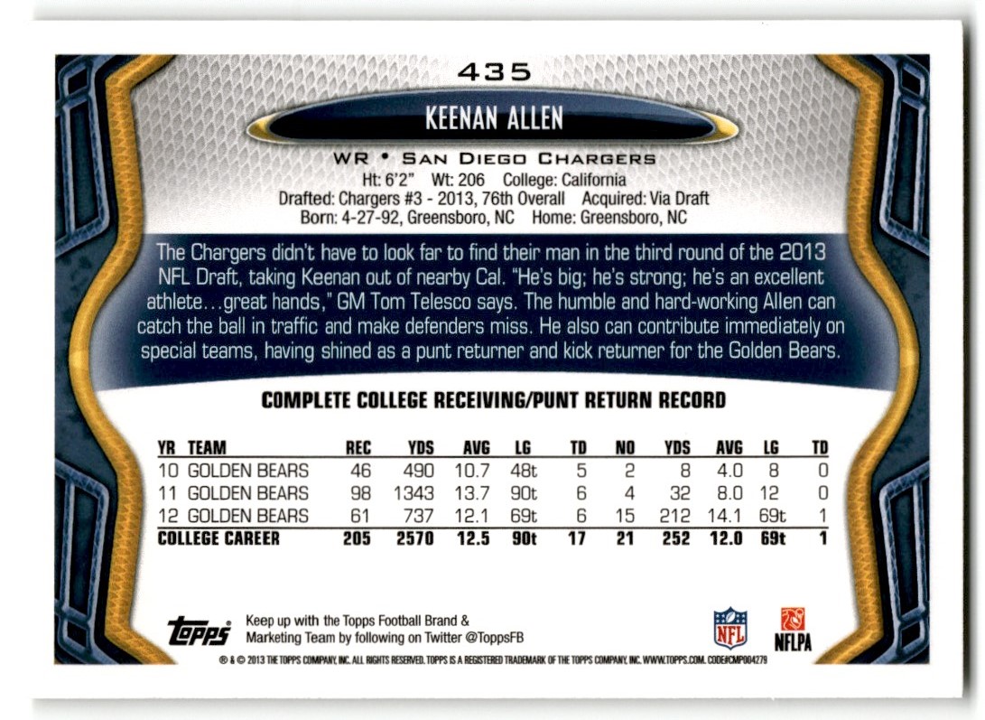 2013 Topps Keenan Allen "SET BREAK ROOKIE YEAR" #435 card back image