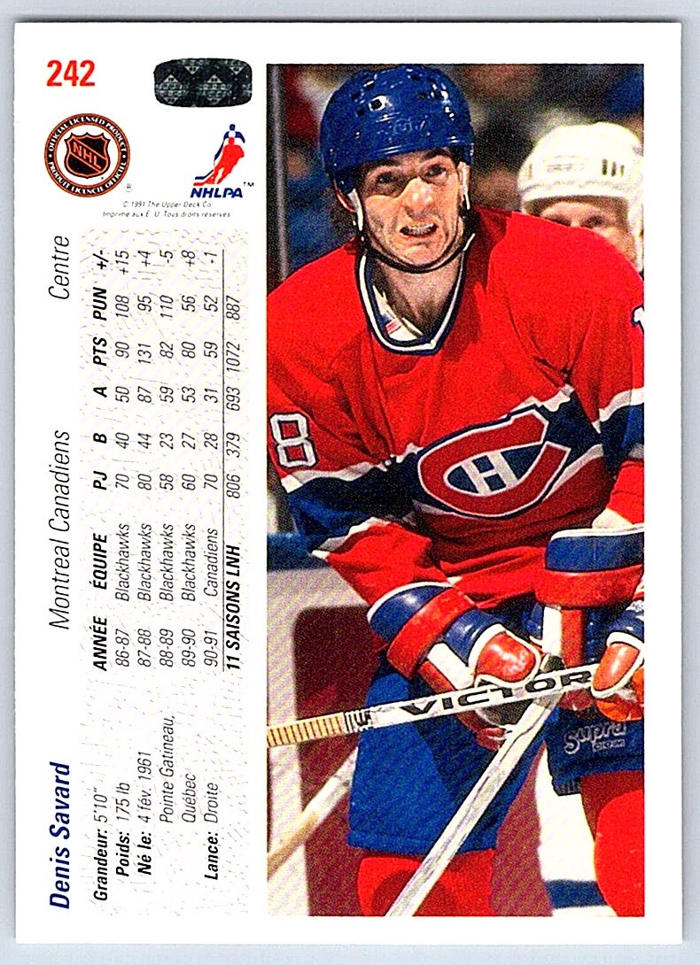 1991-92 Upper Deck Denis Savard #242 card back image