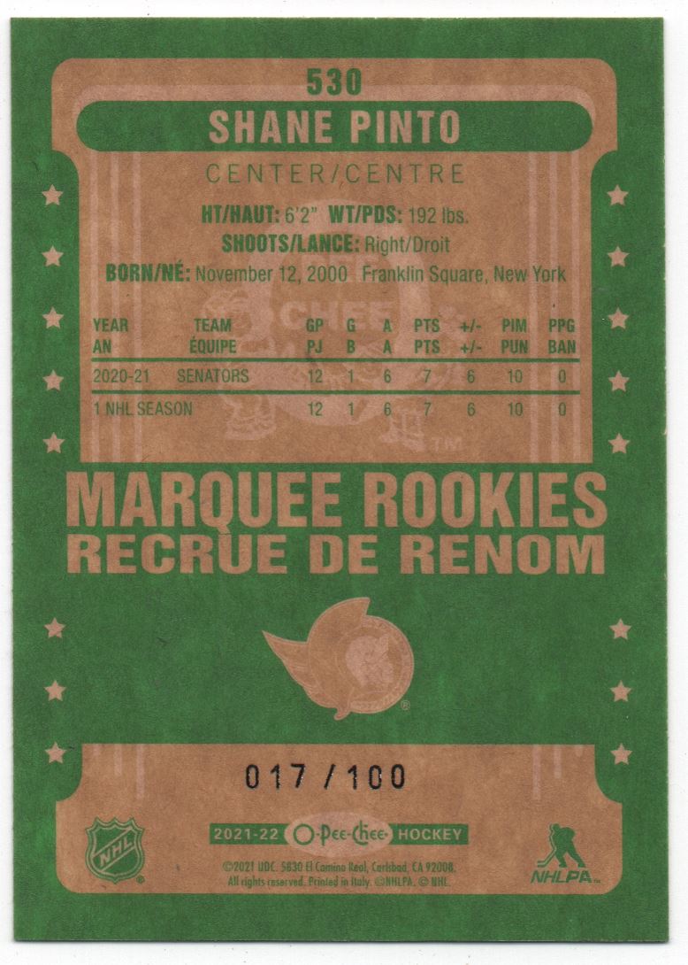2021-22 O-Pee-Chee Retro Black Border Shane Pinto #530 card back image