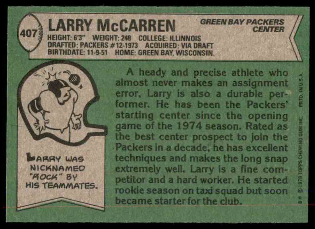 1978 Topps Football Larry McCarren #407 card back image