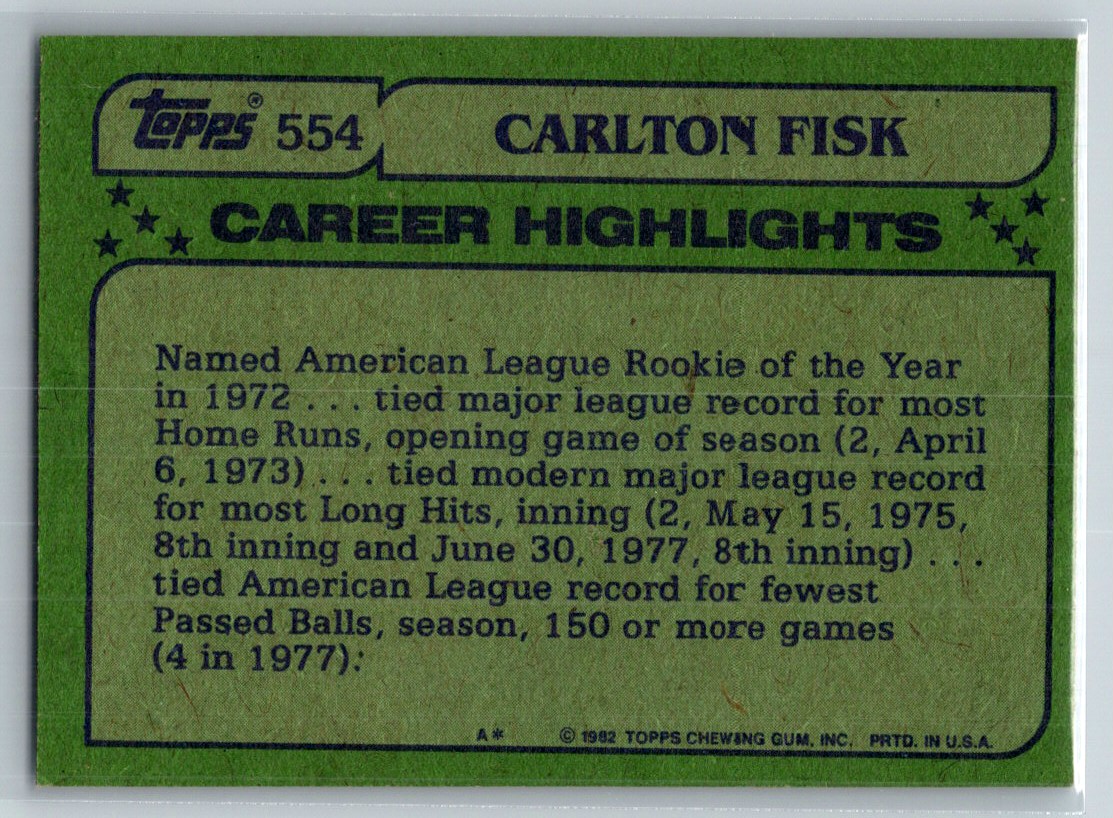 1982 Topps Carlton Fisk #554 card back image