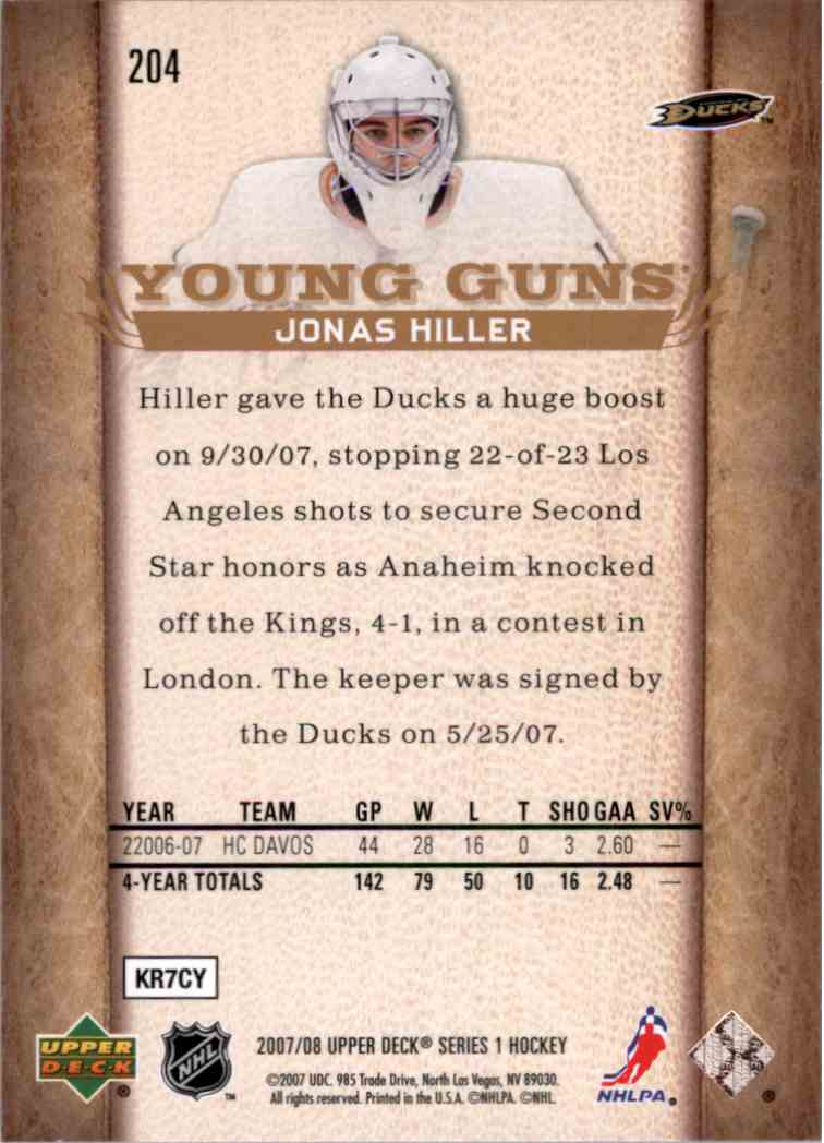2007-08 Upper Deck Young Guns Yg Jonas Hiller #204 card back image