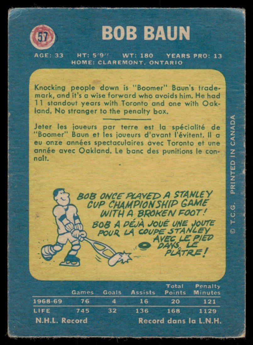1969-70 O-Pee-Chee Hockey OPC Bob Baun #57 card back image