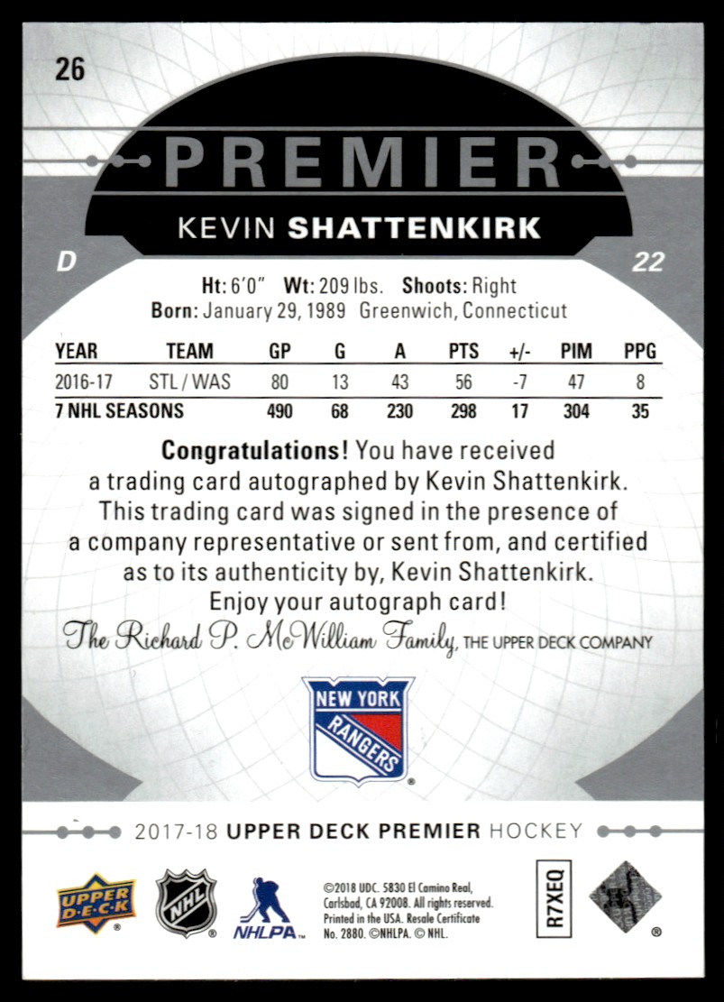 2017-18 Upper Deck Premier Base Auto - Silver Spectrum Kevin Shattenkirk #26 card back image