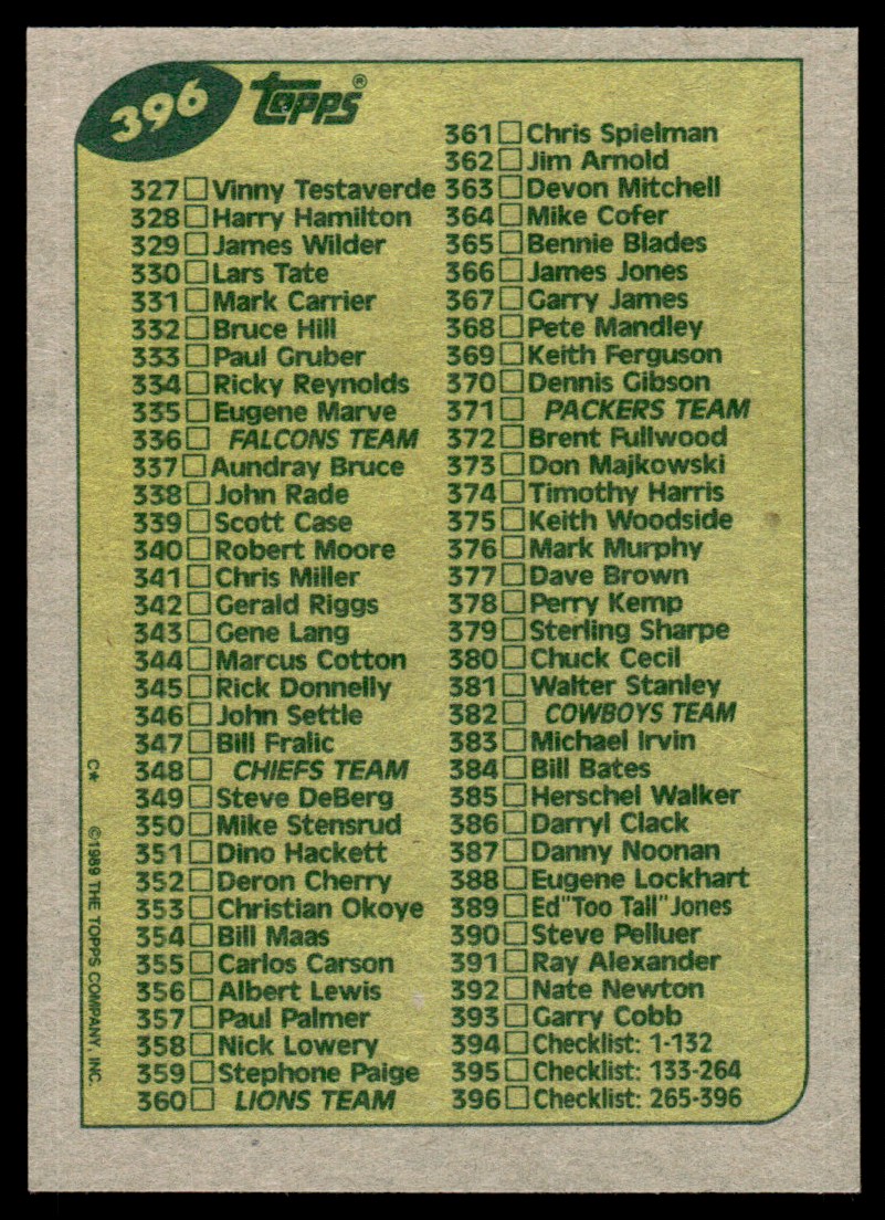 1989 Topps Checklist: 265-396 CL #396 card back image