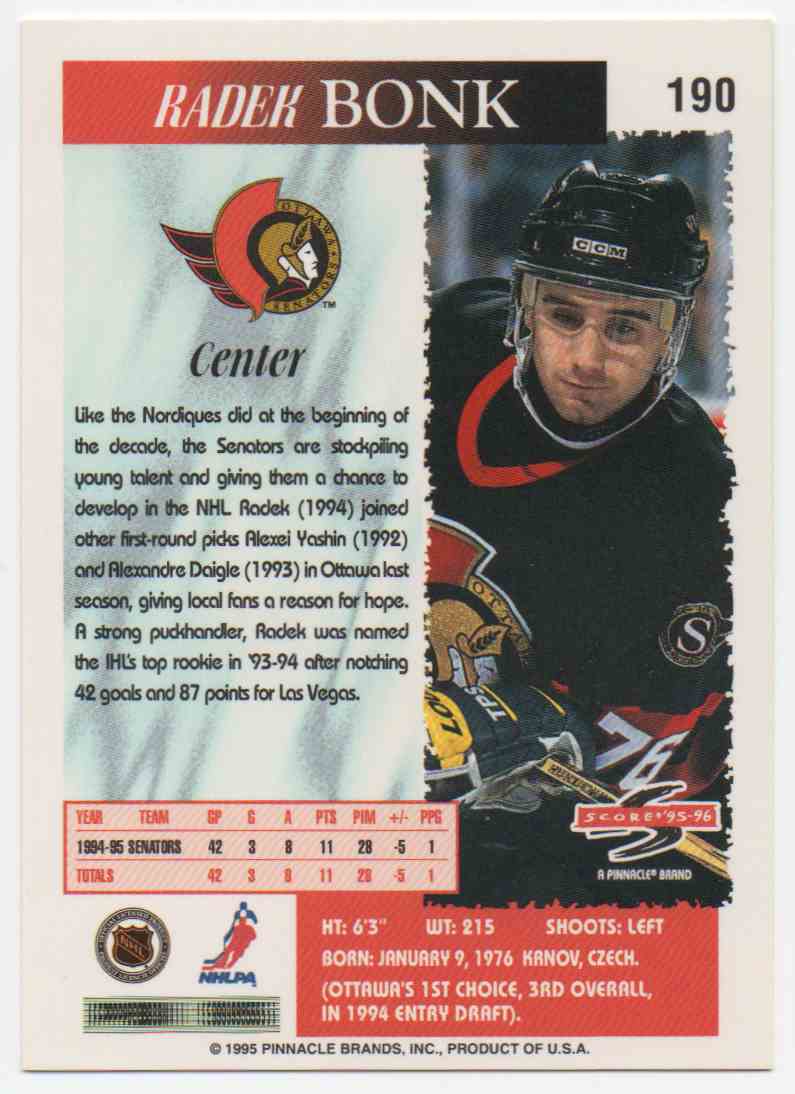 1995-96 Score Radek Bonk #190 card back image