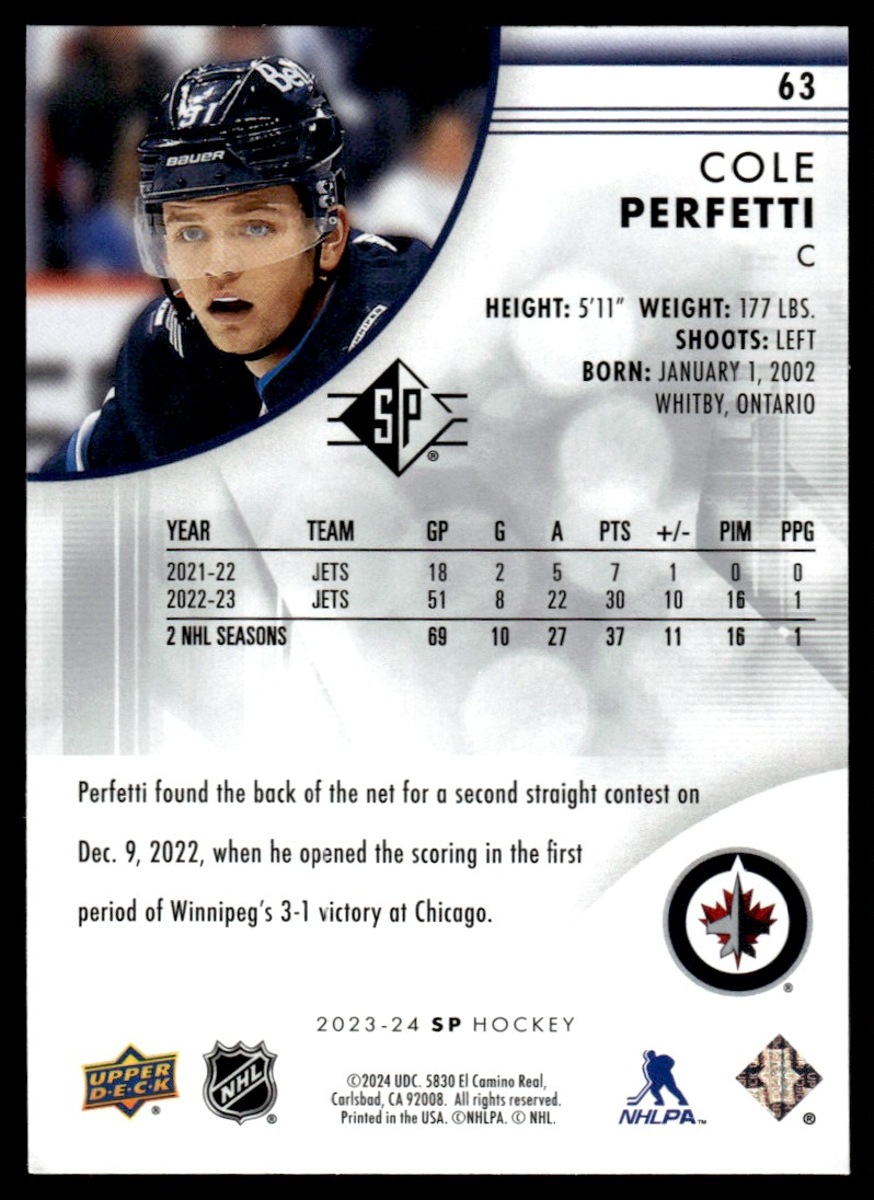 2023-24 SP Authentic Cole Perfetti #63 card back image