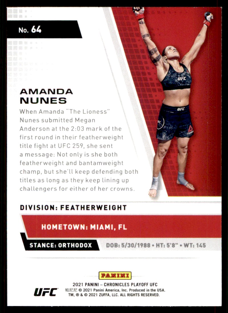 2021 Panini Chronicles Playoff UFC Amanda Nunes #64 card back image