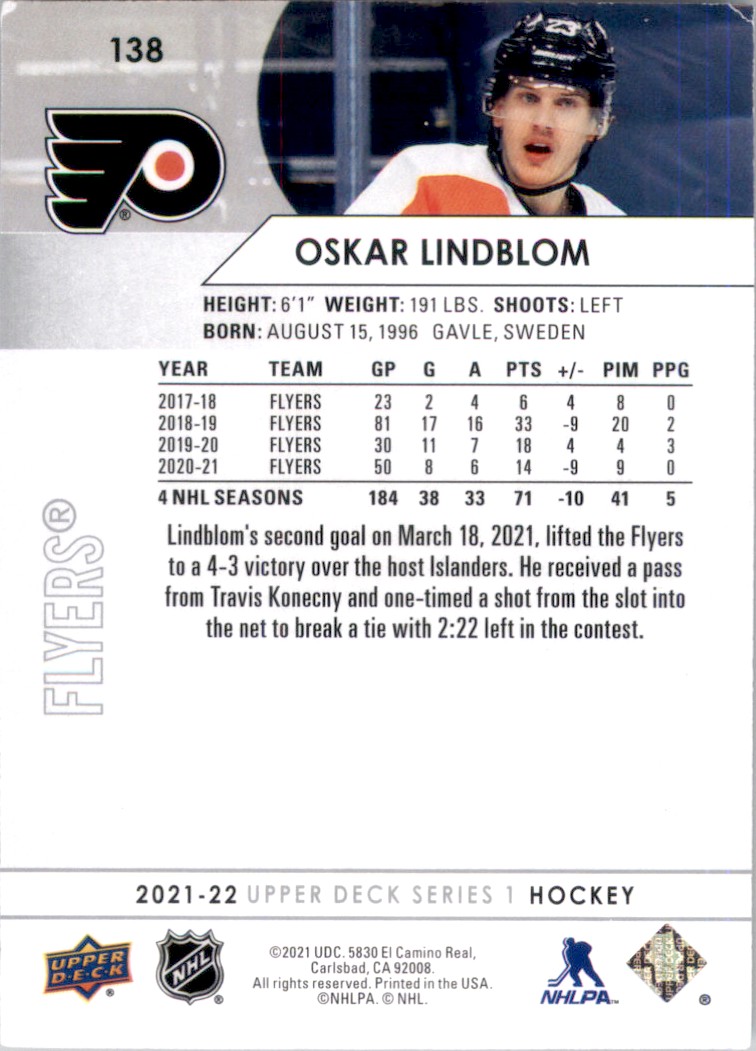2021-22 Upper Deck Oskar Lindblom #138 card back image