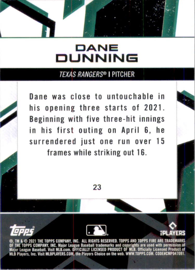 2021 Topps Fire Dane Dunning #23 card back image