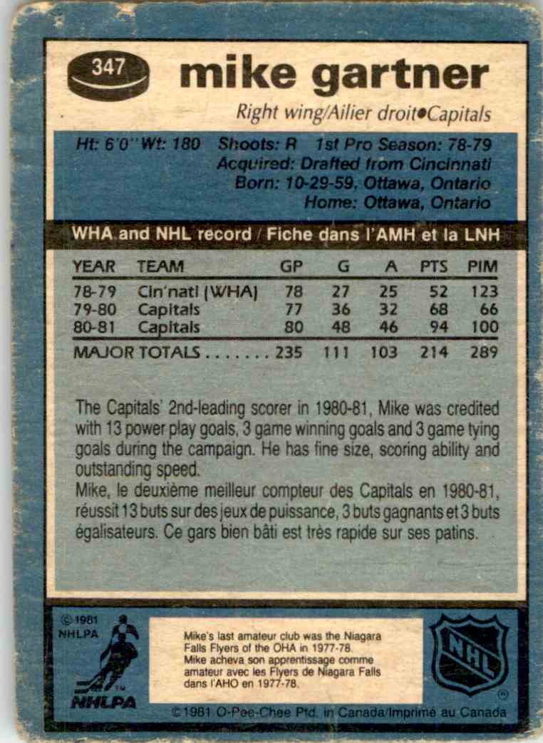 1981-82 O-Pee-Chee Mike Gartner #347 card back image