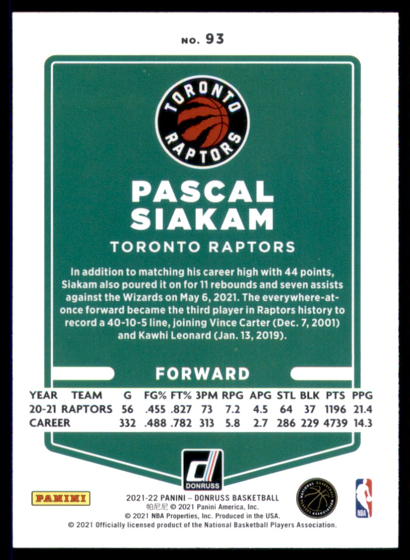 2021-22 Donruss Pascal Siakam #93 card back image