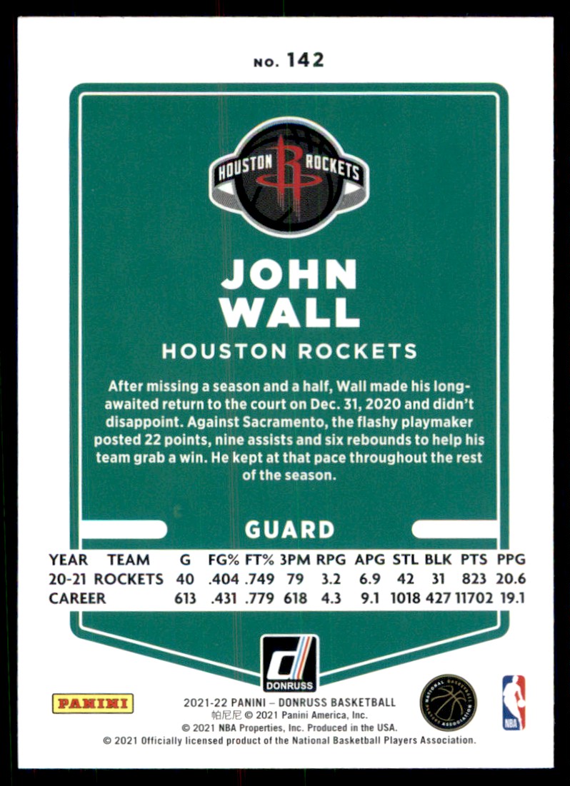 2021-22 Donruss John Wall #142 card back image