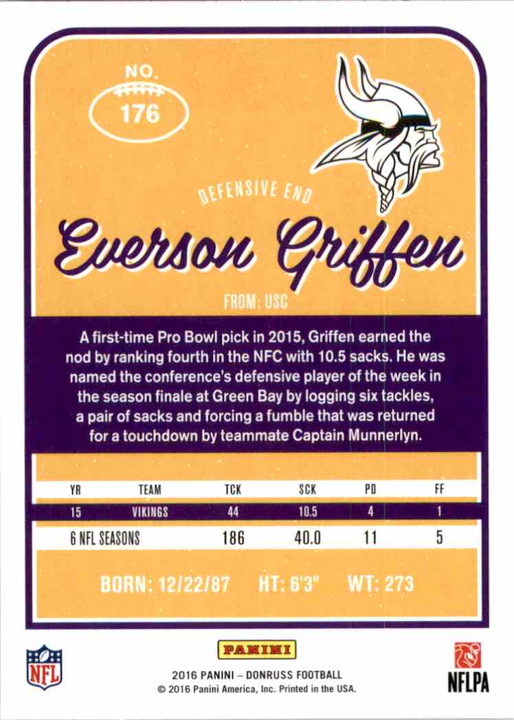 2016 Donruss Everson Griffen #176 card back image