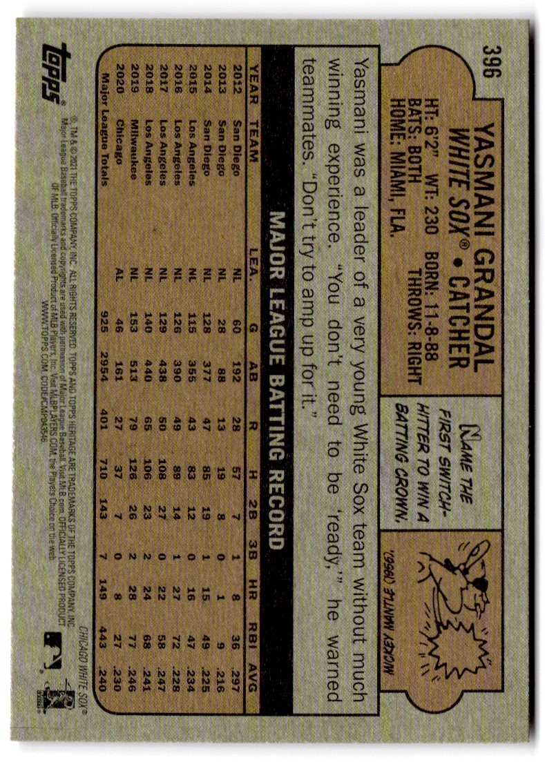 2021 Topps Heritage Yasmani Grandal #396 card back image