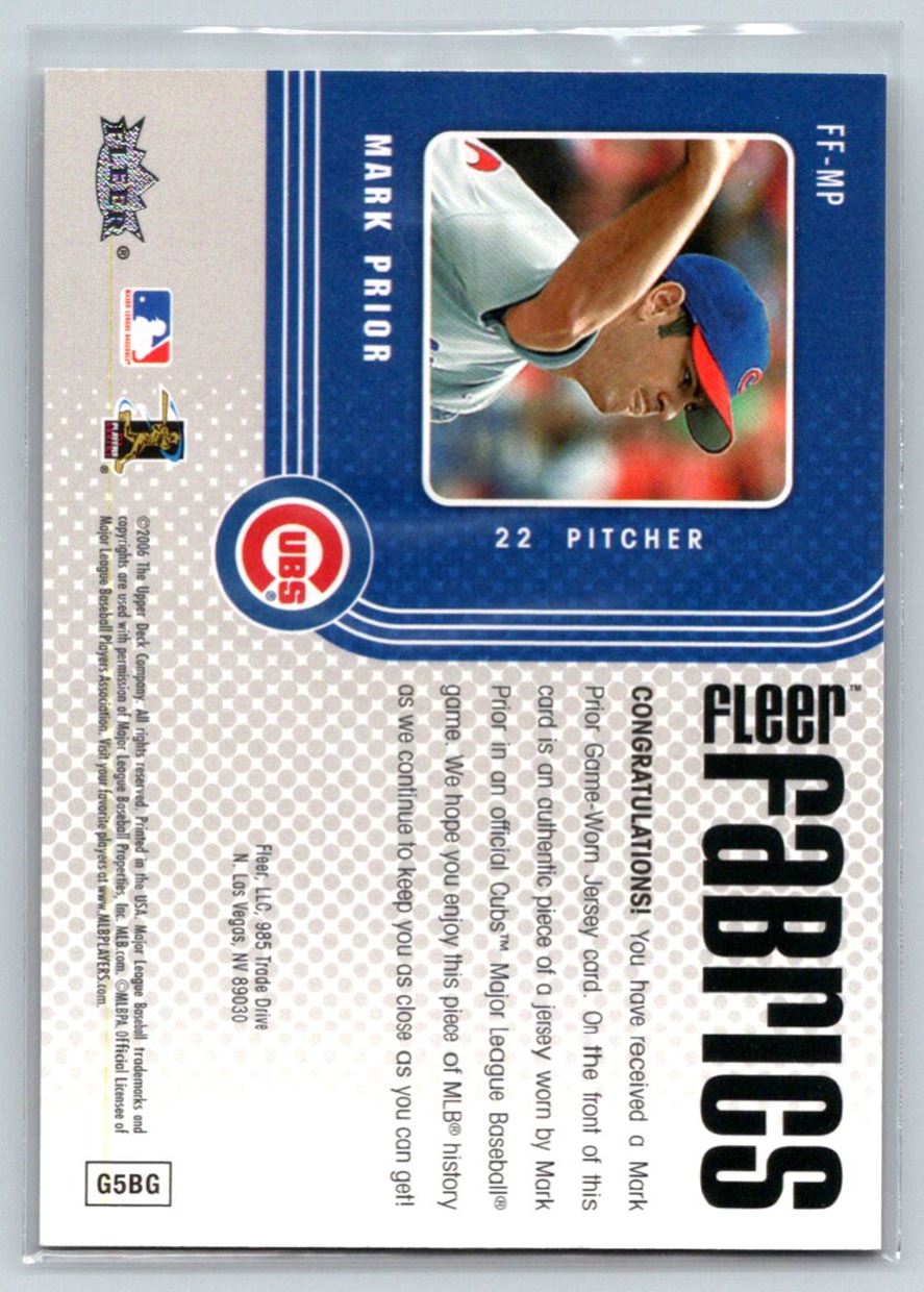 2006 Fleer Fabrics Mark Prior #FF-MP card back image