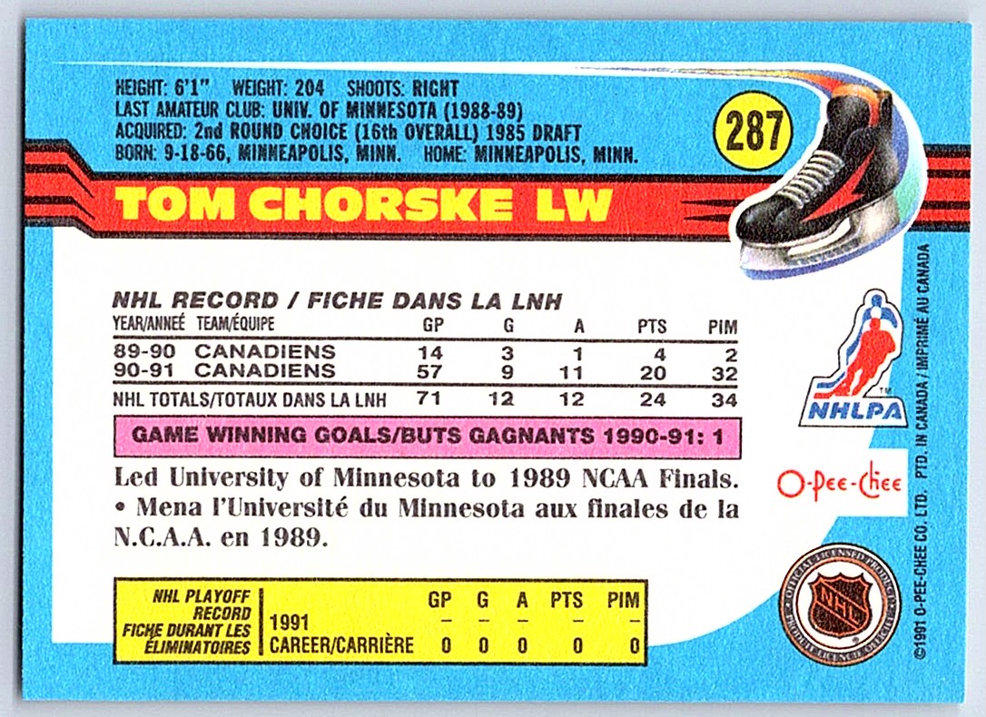1991-92 O-Pee-Chee Tom Chorske #287 card back image