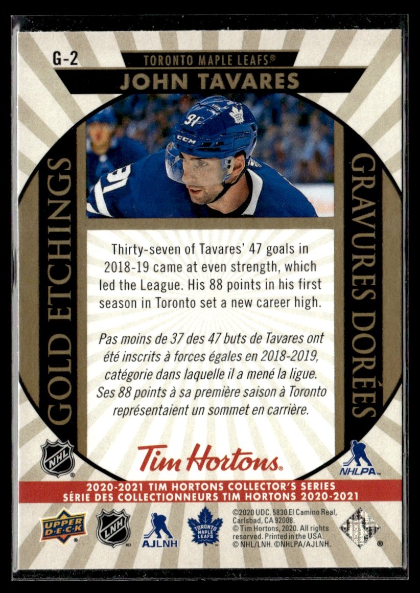 2020-21 Upper Deck Tim Hortons Gold Etchings John Tavares #G-2 card back image