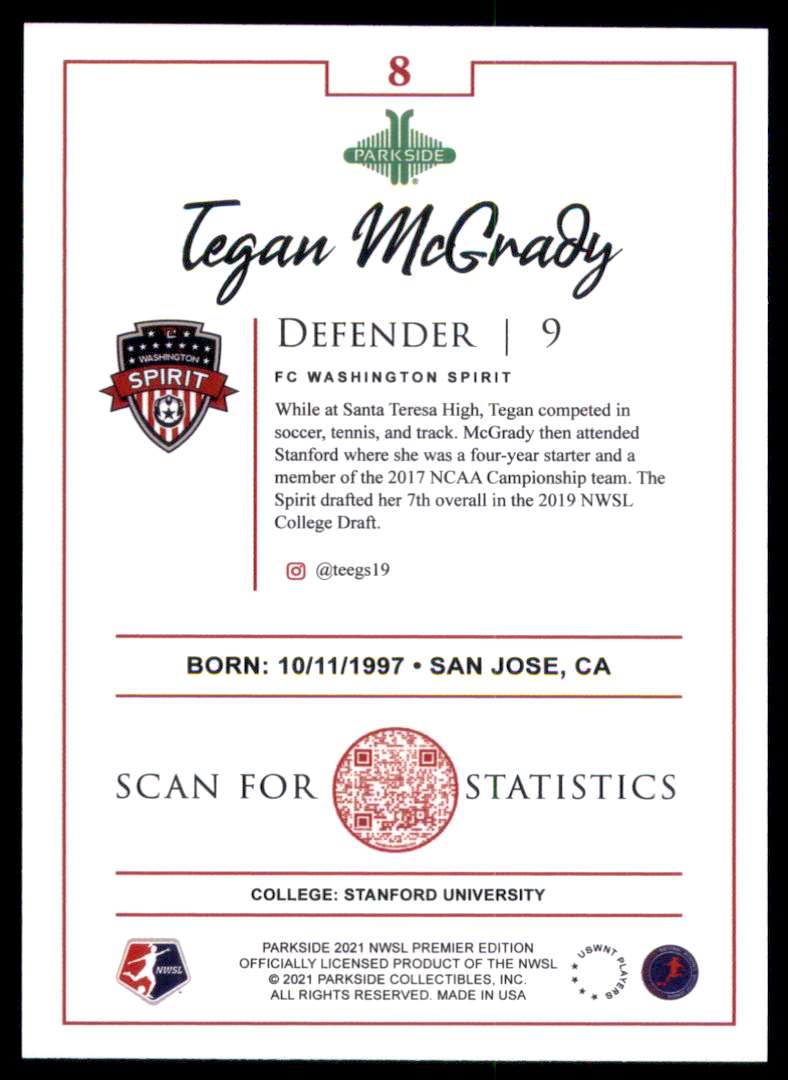 2021 Parkside NWSL Premier Edition Tegan McGrady #8 card back image