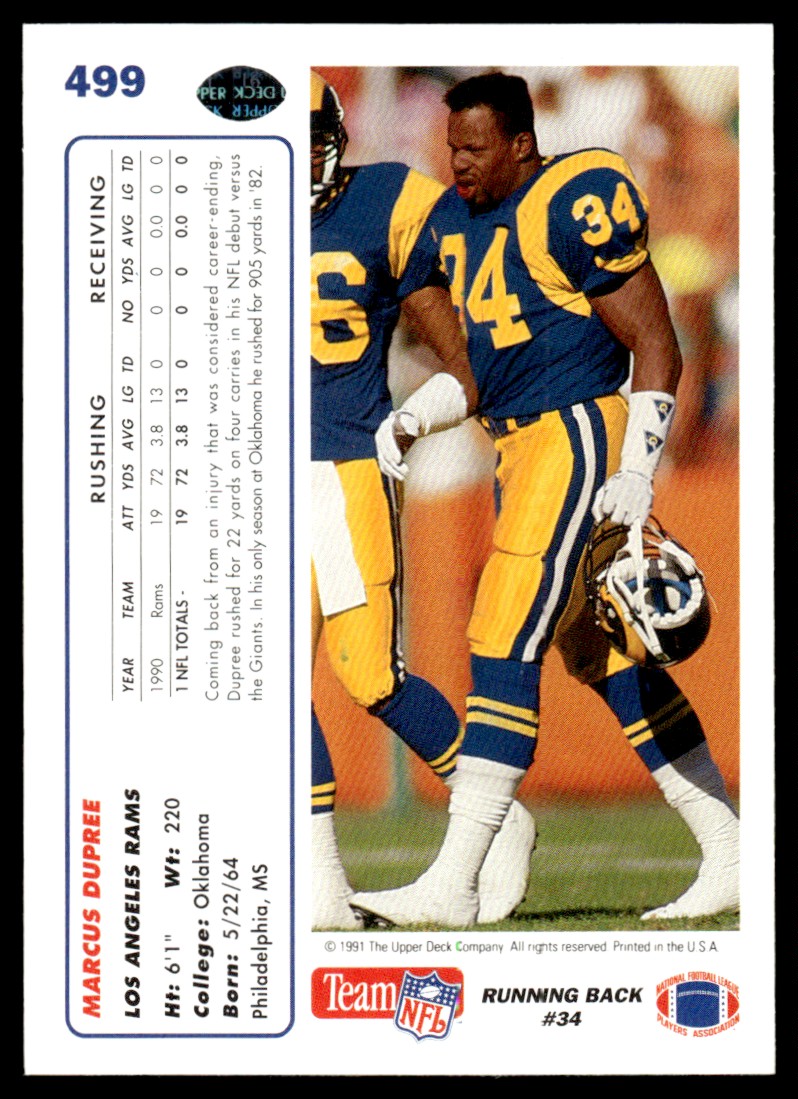 1991 Upper Deck Marcus Dupree #499 card back image
