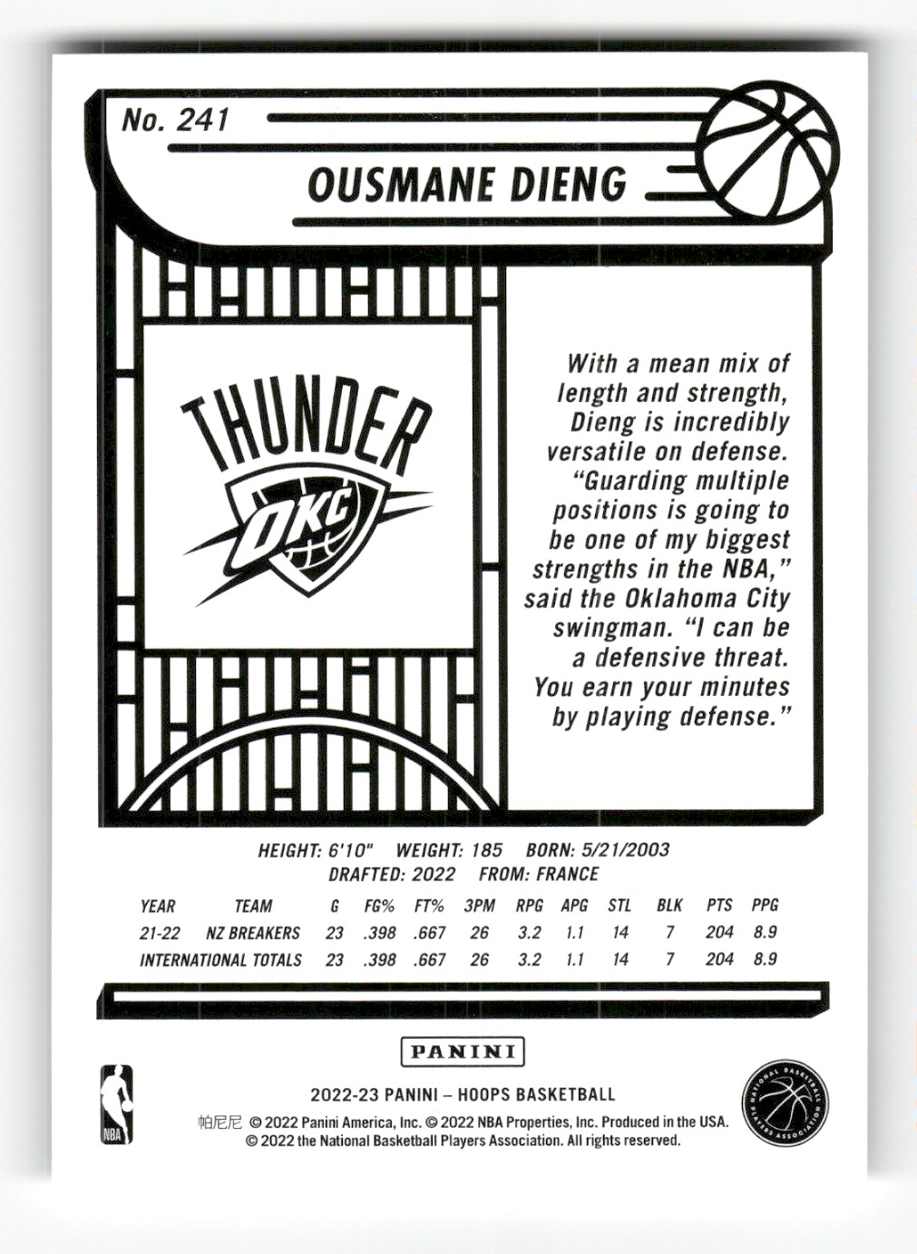 2022-23 Hoops Ousmane Dieng #241 card back image