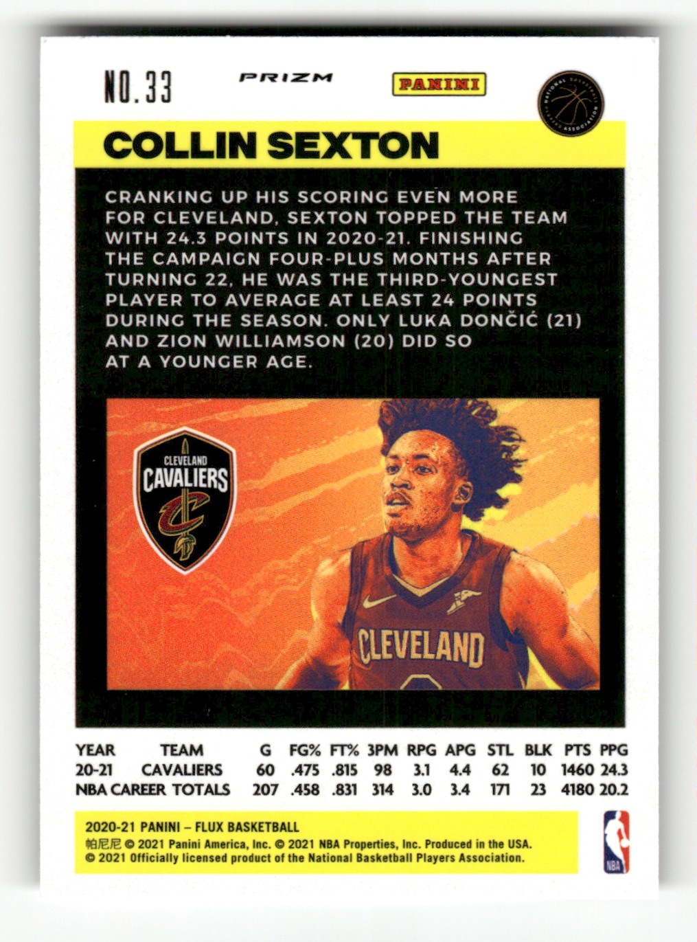 2020-21 Panini Flux Pulsar Collin Sexton #33 card back image