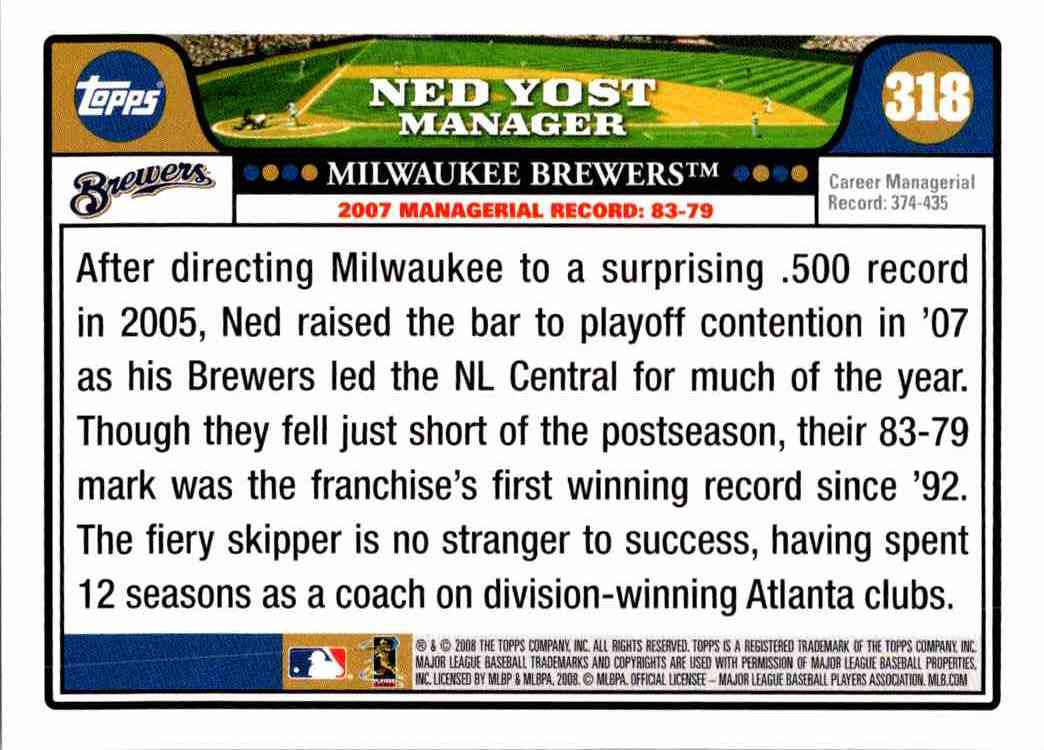 2008 Topps Ned Yost #318 card back image