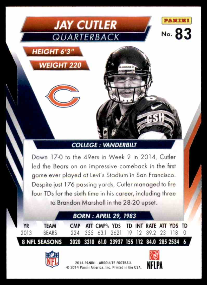 2014 Absolute Retail Football Cards Jay Cutler #83 on Kronozio