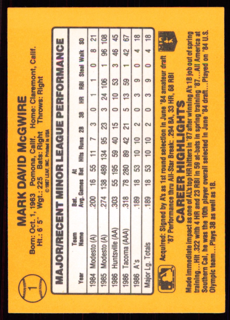 1987 Donruss The Rookies Mark McGwire Oakland Athletics #1 | eBay