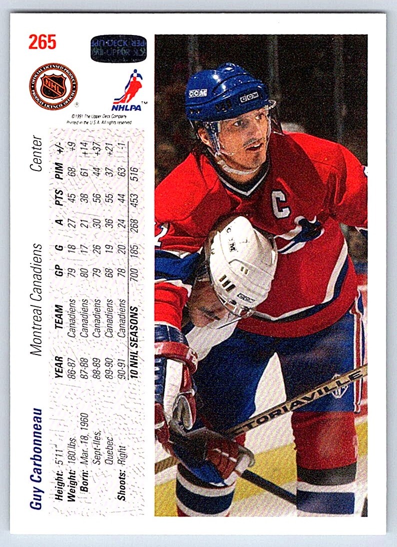 1991-92 Upper Deck Guy Carbonneau #265 card back image