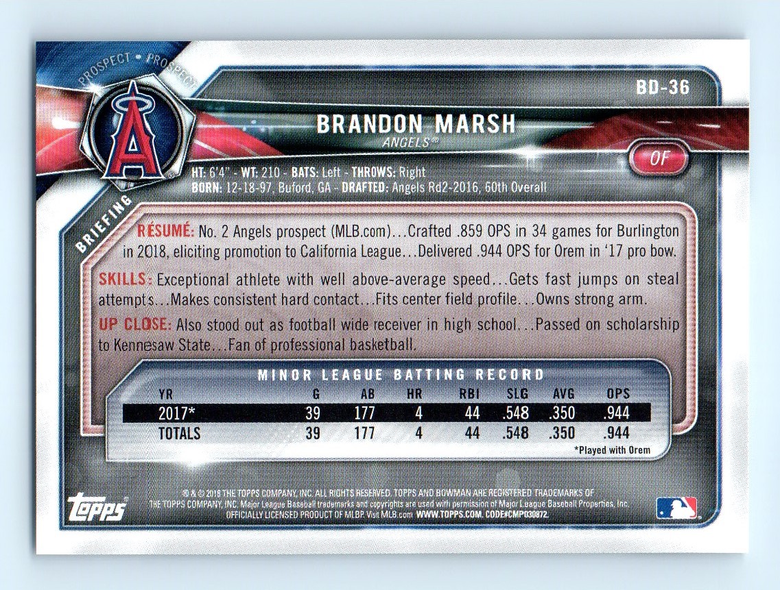2018 Bowman Draft Brandon Marsh Los Angeles Angels #BD-36 | eBay