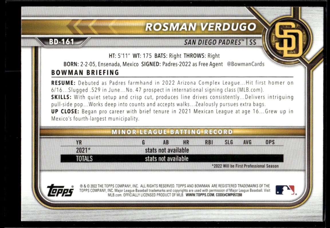 2022 Bowman Draft Baseball Rosman Verdugo San Diego Padres #BD-161