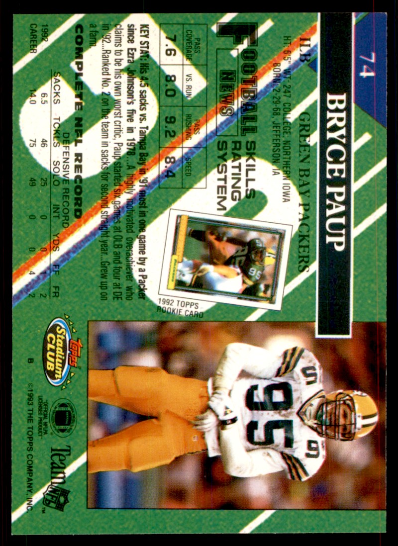 1993 STADIUM CLUB. BRYCE PAUP GREEN BAY PACKERS #74 | eBay
