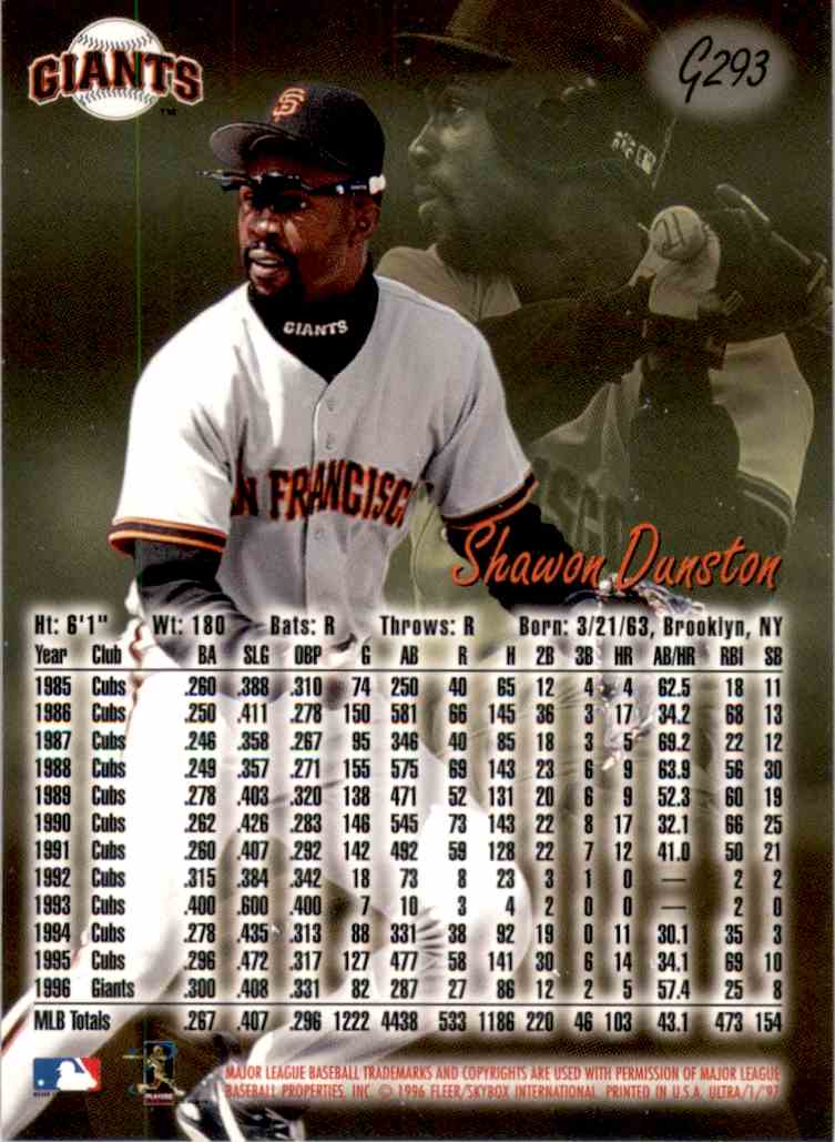 1997 Ultra Gold Medallion Baseball Card Shawon Dunston #293 card back image
