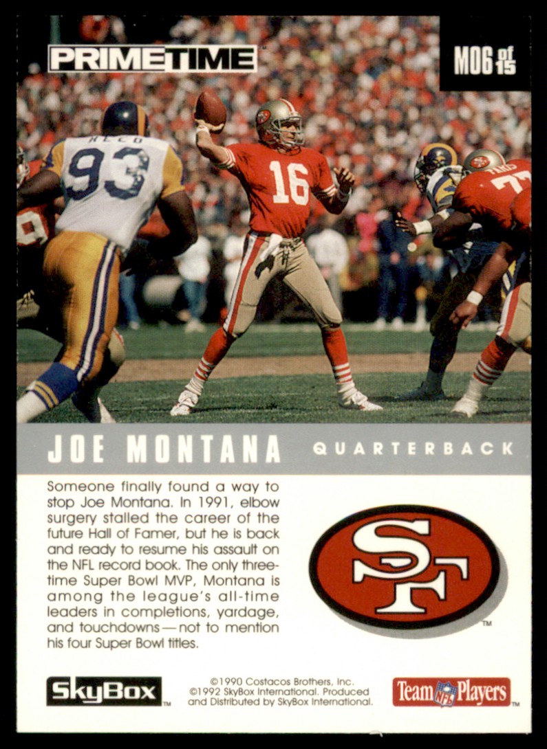1992 SkyBox Prime Time Poster Cards Joe Montana #M6 card back image
