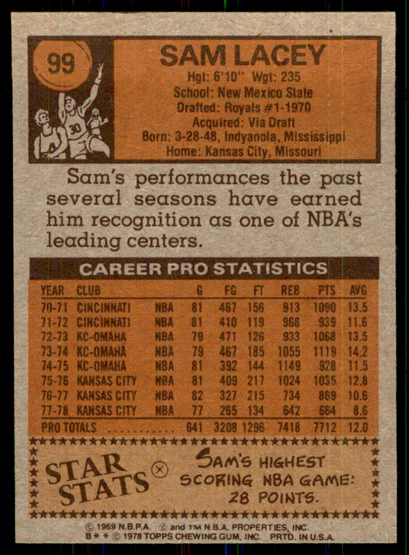 1978-79 Topps Sam Lacey #99 card back image