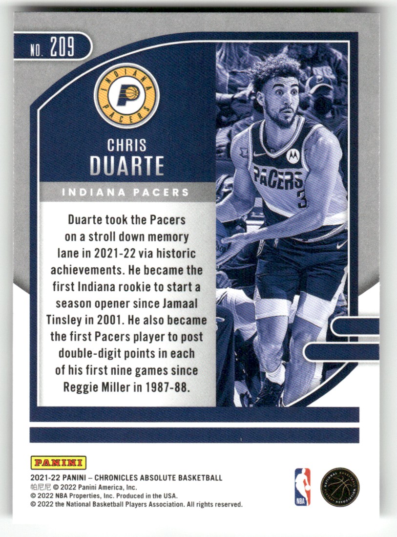2021-22 Panini Chronicles Chris Duarte #209 card back image