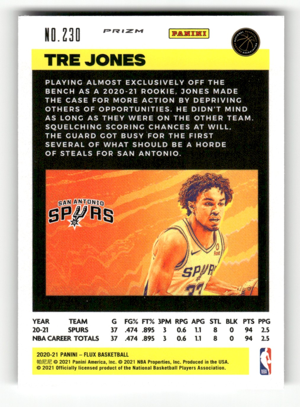2020-21 Panini Flux Pulsar Tre Jones #230 card back image