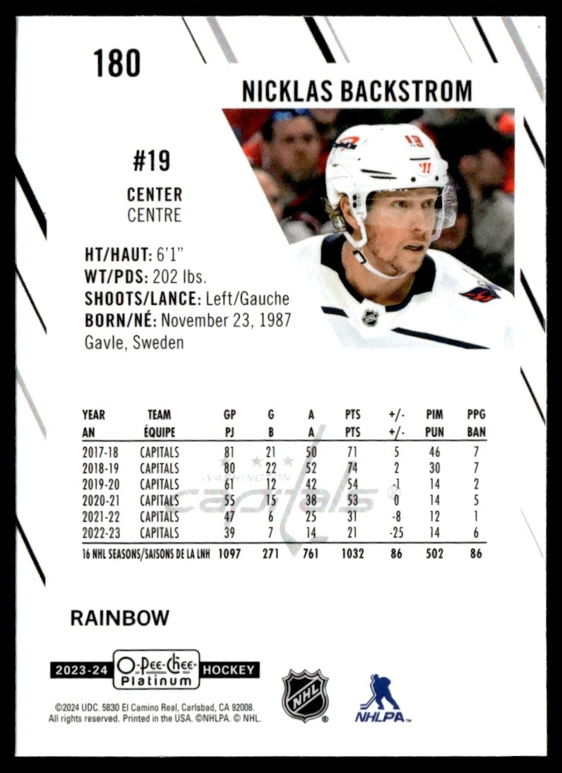 2023-24 O-Pee-Chee Platinum Nicklas Backstrom #180 card back image