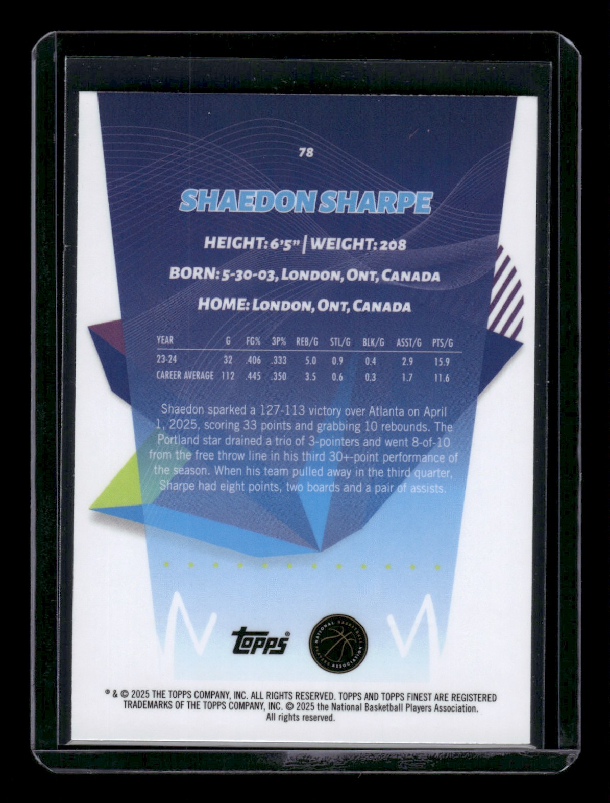 2024-25 Topps Finest SHAEDON SHARPE #78 card back image