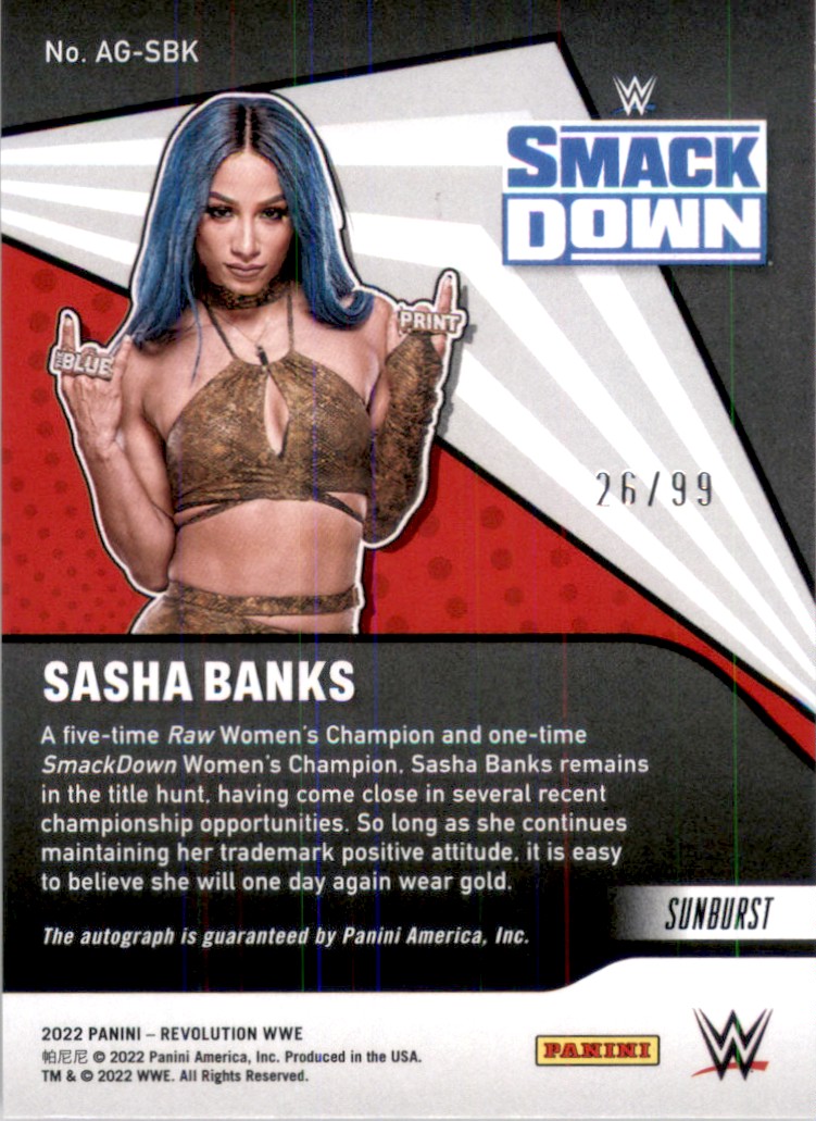 2022 Revolution WWE Autographs Sunburst Sasha Banks #AGSBK card back image