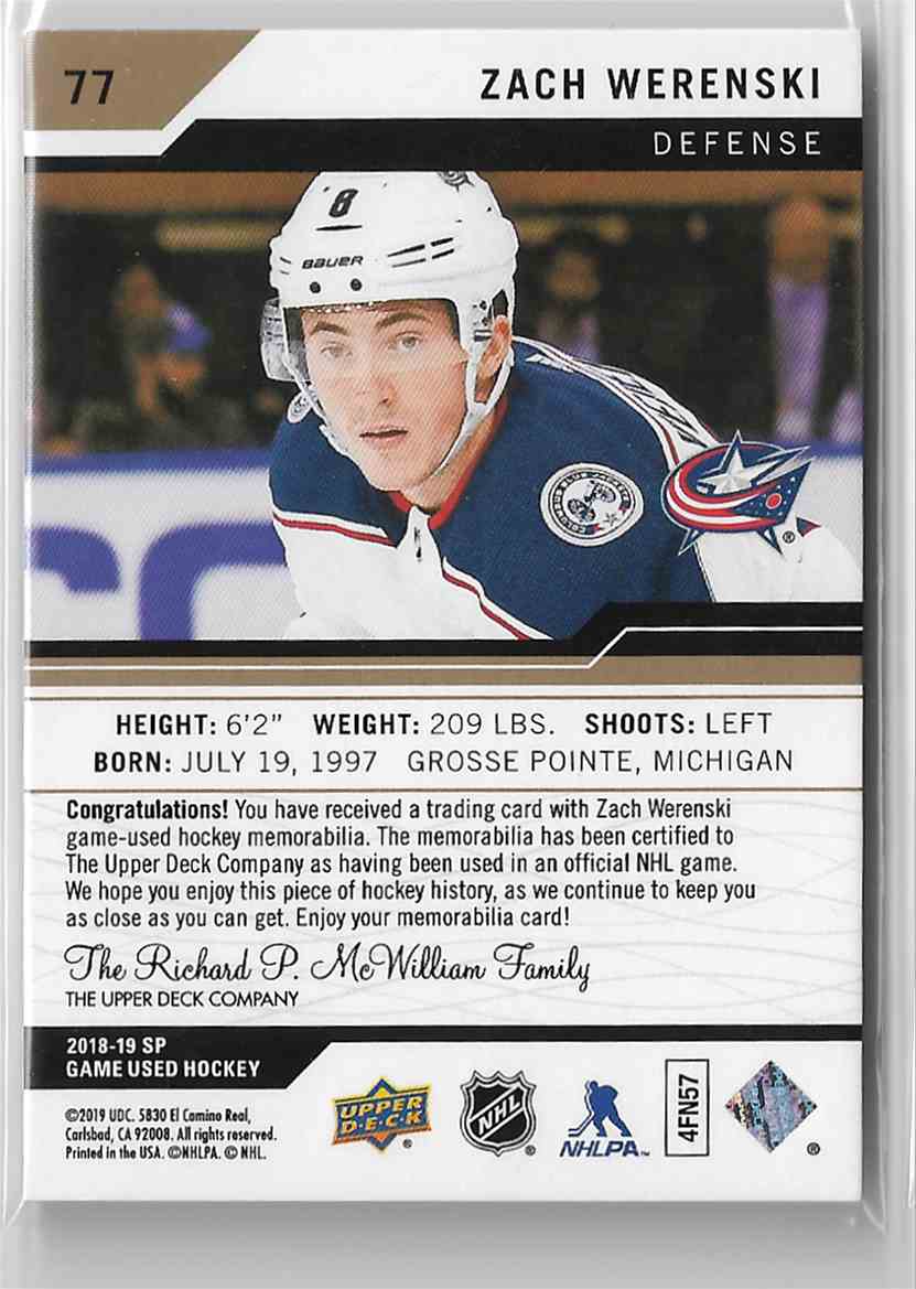 2018-19 SP Game Used Edition Gold Zach Werenski #77 card back image